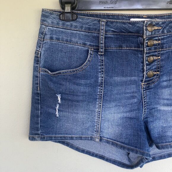 Bongo Shorts Women 11 High Rise Distressed Denim 3” Button Fly 90s Y2K VTG - Picture 2 of 8